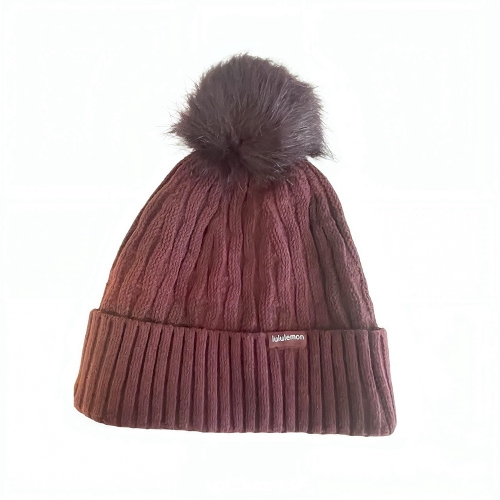 Lululemon Cable Knit Pom Beanie Maroon - Picture 2 of 4